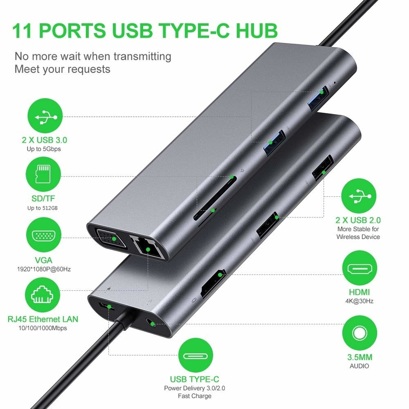 11 Port 11 In 1 USB Typ C Hub 10 Gbps USB C Docking Station Plug And Play Software Integration