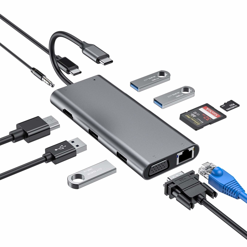 11 in 1 Type-C Hub Multiport Dock Station mit USB3.0 PD SD/TF 4K HDMI VGA RJ45 Adapter