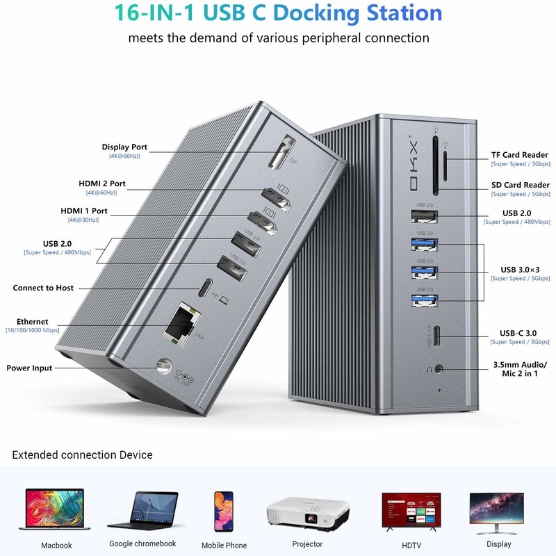 16 in 1 Dockingstation für Laptop USB-Adapter Grau 10Gbps Datenübertragungsrate Anzeigeanschluss