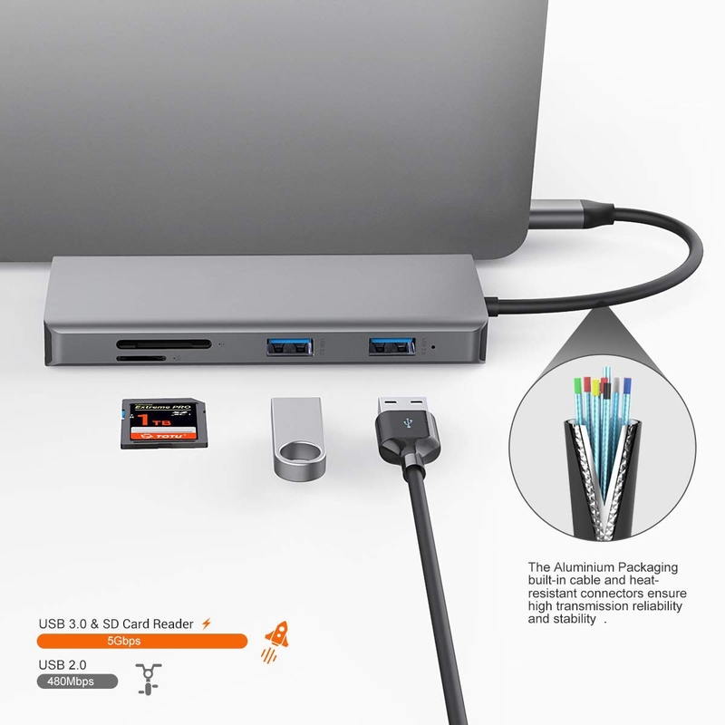 11 in 1 Aluminium Silber USB C Hub mit 3,5 mm Audio Jack SD Card Reader für Mac Laptop