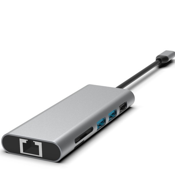 Silberner 10-in-1 USB-C Hub mit HDMI USB 3.0 Ethernet 3,5 mm Audio Jack für PC und Laptop