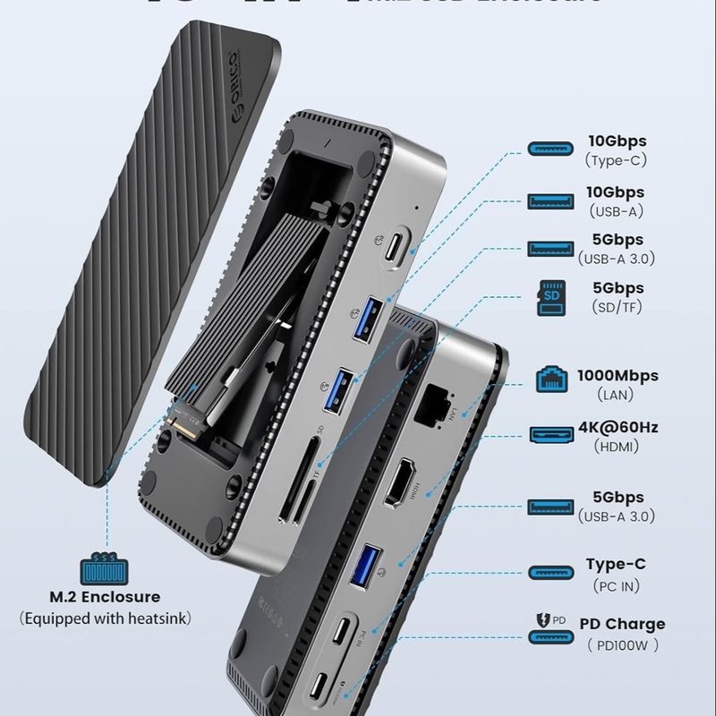 USB C Displaylink Docking Station mit 10 Gbps USB 3.2 Gen2 M.2 NVMe/SATA SSD Reader