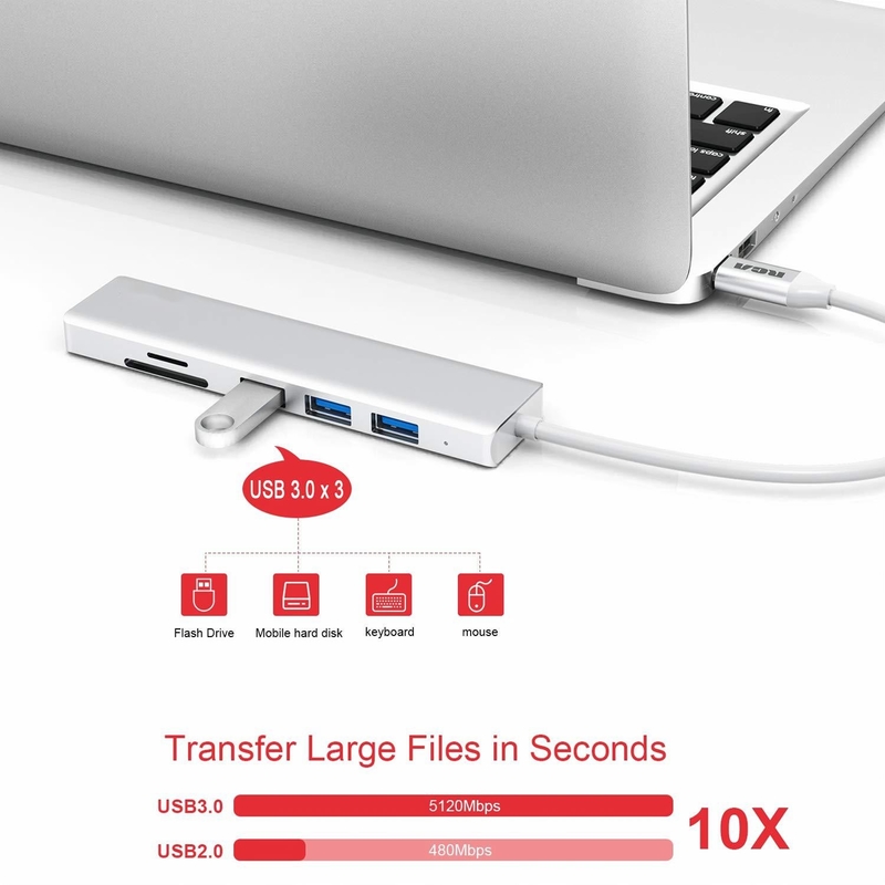6 Anschlüsse USB-C Hub Splitter USB-C Expander Tragbarer USB-Adapter Multiport-Datenhub