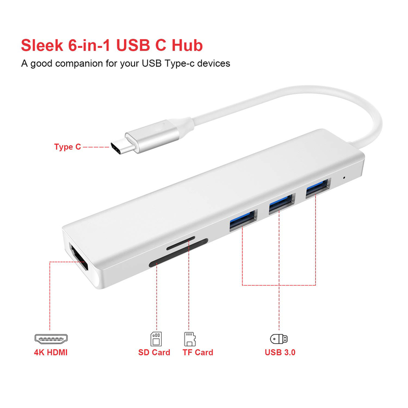 6 Anschlüsse USB-C Hub Splitter USB-C Expander Tragbarer USB-Adapter Multiport-Datenhub