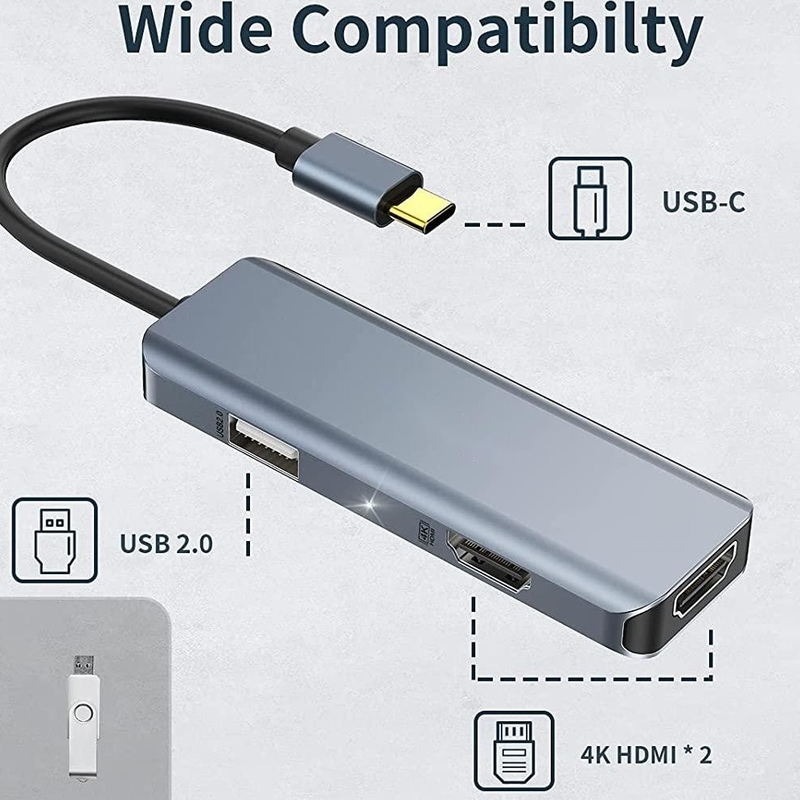 Dual HDMI USB C Dock Hub Aluminium USB C Adapter Monitor 3 in 1 Dongle mit 4K HDMI