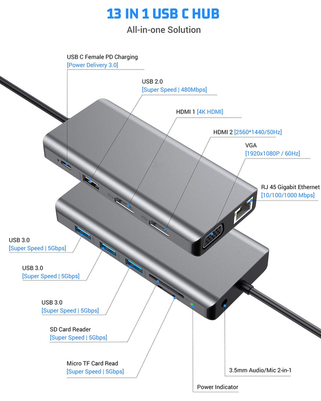 USB C 11 in 1 Multiport Dock Typ C Triple USB 3.0 TF-Karte Typ-C USB-C Laptop