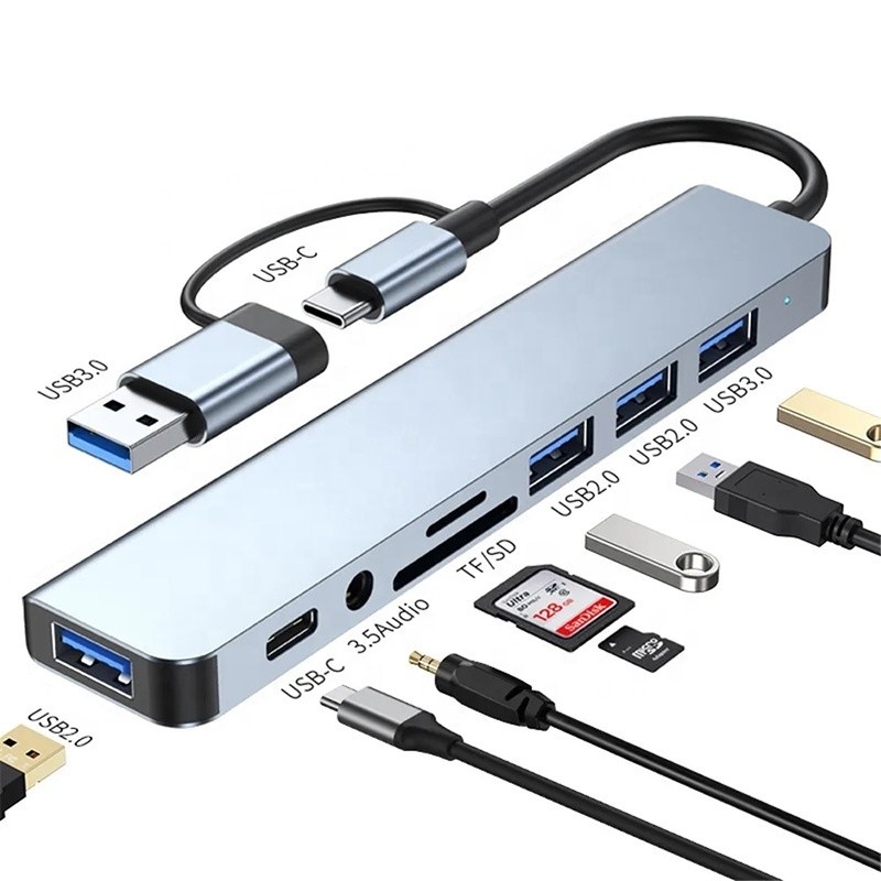8-in-1 USB 3.0 Hub 3*USB 2.0 3.5mm Audio SD/TF Kartenleserausgang für Datenübertragung und Aufladen