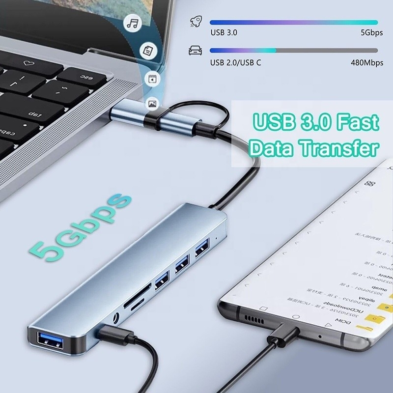 8-in-1 USB 3.0 Hub 3*USB 2.0 3.5mm Audio SD/TF Kartenleserausgang für Datenübertragung und Aufladen