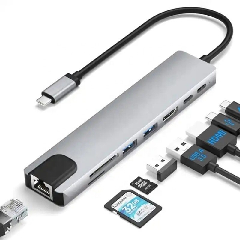 Vielseitiger 8-in-1-USB-C-Hub-Multiport-Adapter für Multitasking und Datenübertragung
