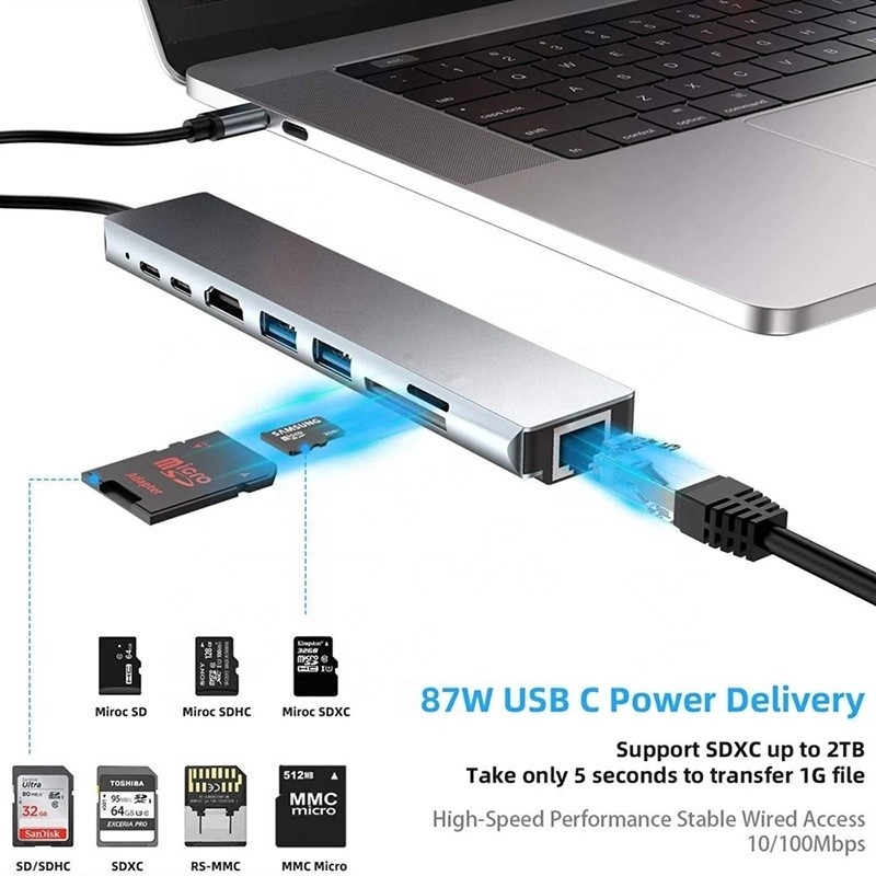 Vielseitiger 8-in-1-USB-C-Hub-Multiport-Adapter für Multitasking und Datenübertragung
