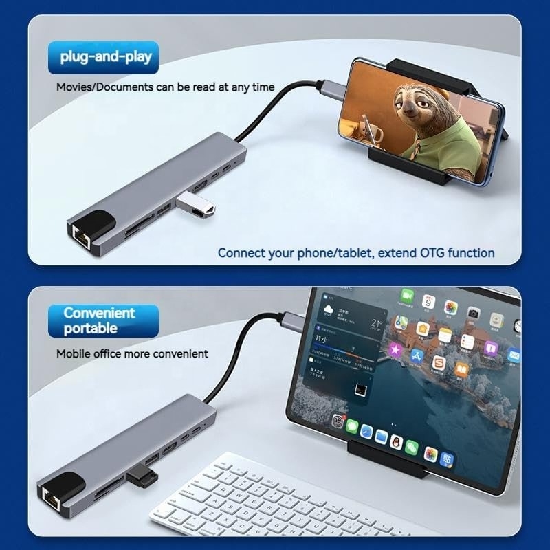 Vielseitiger 8-in-1-USB-C-Hub-Multiport-Adapter für Multitasking und Datenübertragung
