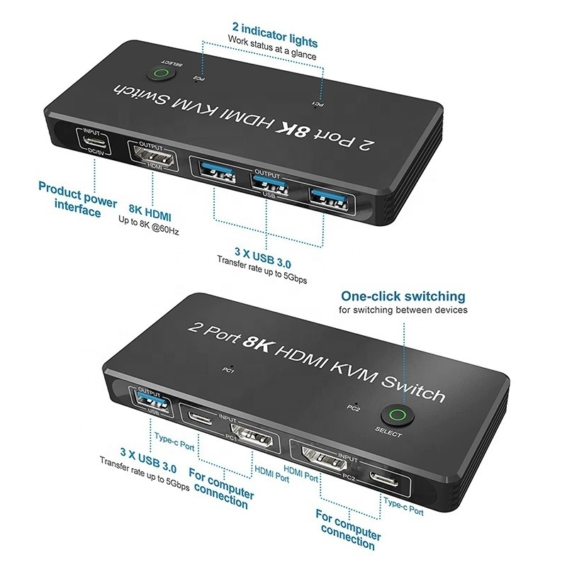 2 Anschlüsse HDMI 2.1 KVM-Schalter mit USB 3.0 2 Eingang 1 Ausgang LED-Anzeiger weiblich-weiblich