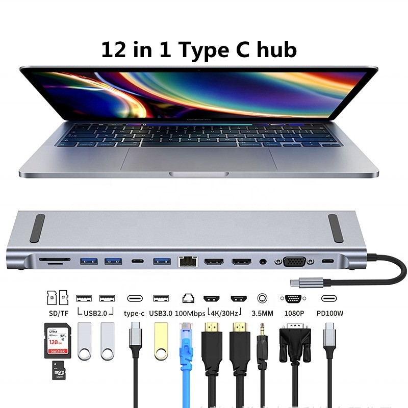 12 in 1 USB-C Typ-C Docking Station für das Laden, Datenübertragung und Lautsprecherfunktion