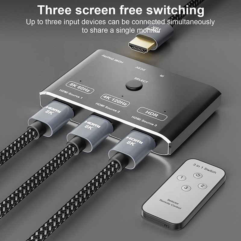 8K 120Hz HDR 3 Port HDMI Switch Switcher 3 In 1 Ausstecker Fernwandler