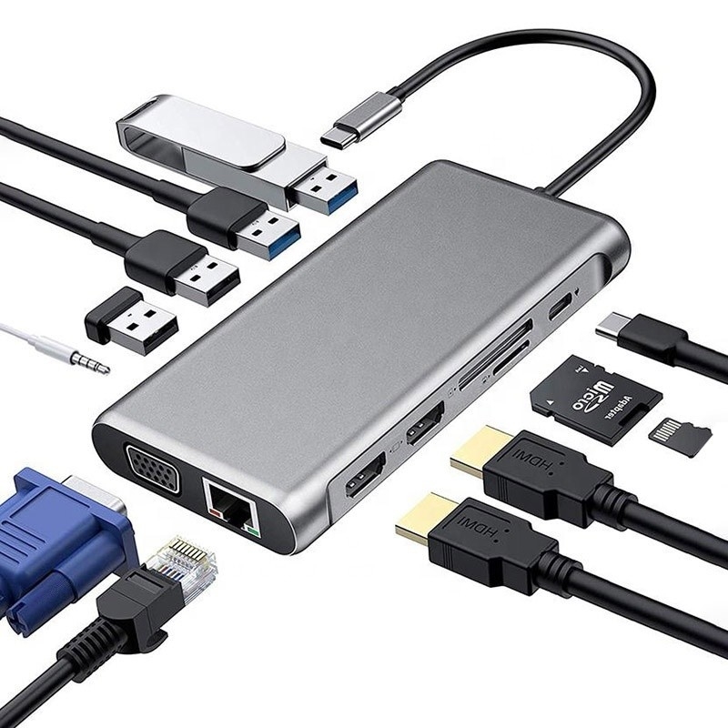 12-in-1 USB-Dockingstation HDMI 1080P 60Hz 2*HDMI VGA RJ45 4*USB Audio SD/TF PD