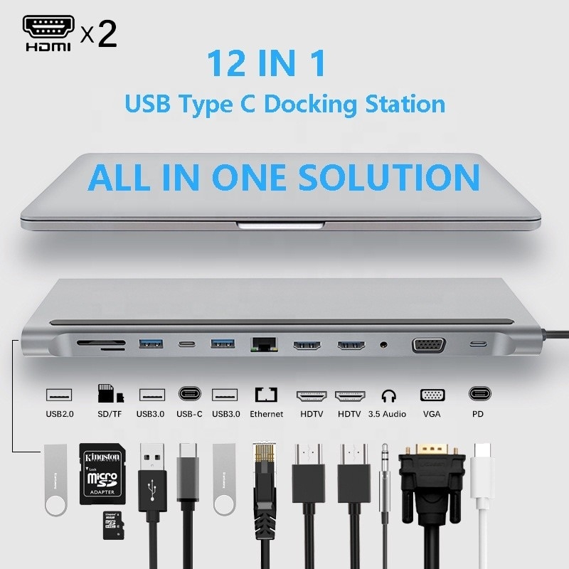 Erweiterte Verbindung 12 in 1 USB C Type-C Hub Multiport Dock Station mit Dual HDMI