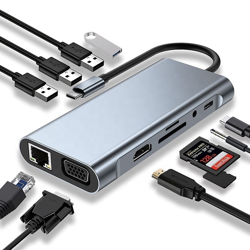Multifunktions-USB-C-Hub-Dock mit Gigabit-RJ45-Ethernet-TF-SD-Kartenleser HDMI VGA-USB 3.0