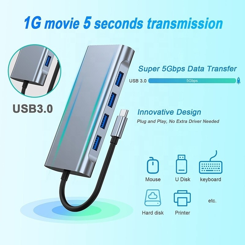 Multifunktions-USB-C-Hub-Dock mit Gigabit-RJ45-Ethernet-TF-SD-Kartenleser HDMI VGA-USB 3.0