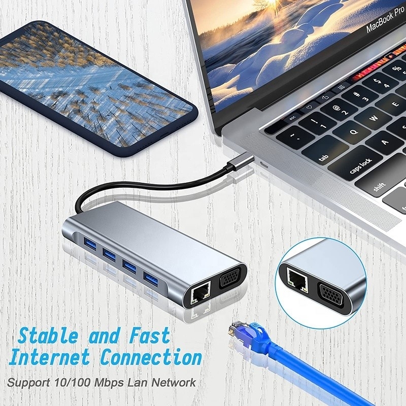 Multifunktions-USB-C-Hub-Dock mit Gigabit-RJ45-Ethernet-TF-SD-Kartenleser HDMI VGA-USB 3.0