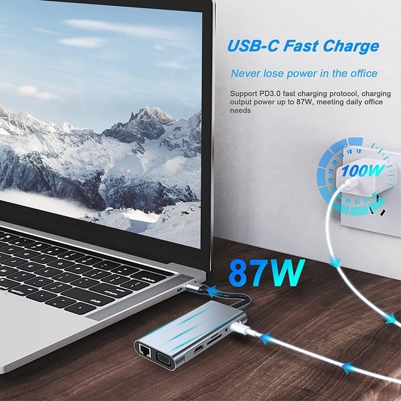 Multifunktions-USB-C-Hub-Dock mit Gigabit-RJ45-Ethernet-TF-SD-Kartenleser HDMI VGA-USB 3.0