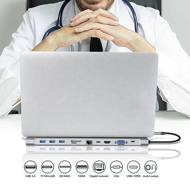 11 in 1 USB-C-Dockingstation mit VGA-Ethernet 3,5 mm Audio TF/SD-Kartenleser
