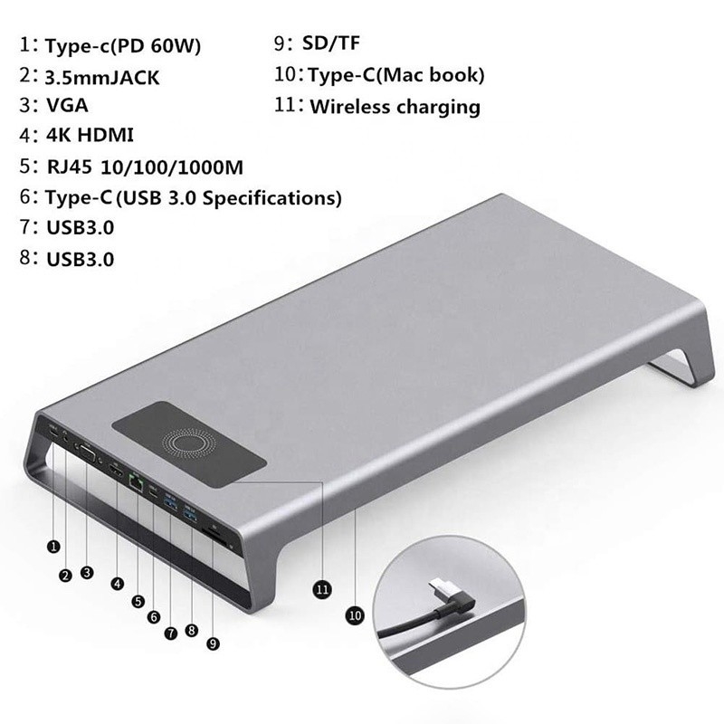 TYPE-C Männlich 11 In 1 Hub Computer Laptop Docking Station Adapter mit 1000Mbps RJ45 und USB-C PD