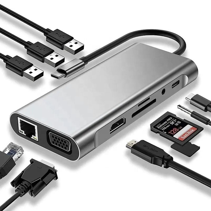 USB C Hub Typ-C auf USB 3.0 HDMI VGA RJ45 Lan SD TF Audio USB Grau Multiport Adapter