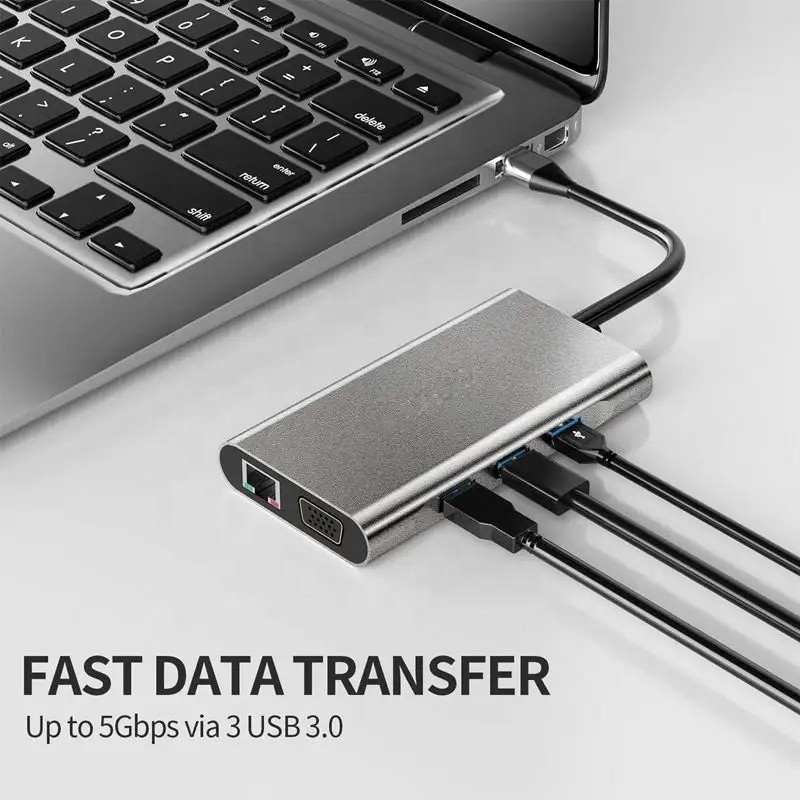 USB C Hub Typ-C auf USB 3.0 HDMI VGA RJ45 Lan SD TF Audio USB Grau Multiport Adapter