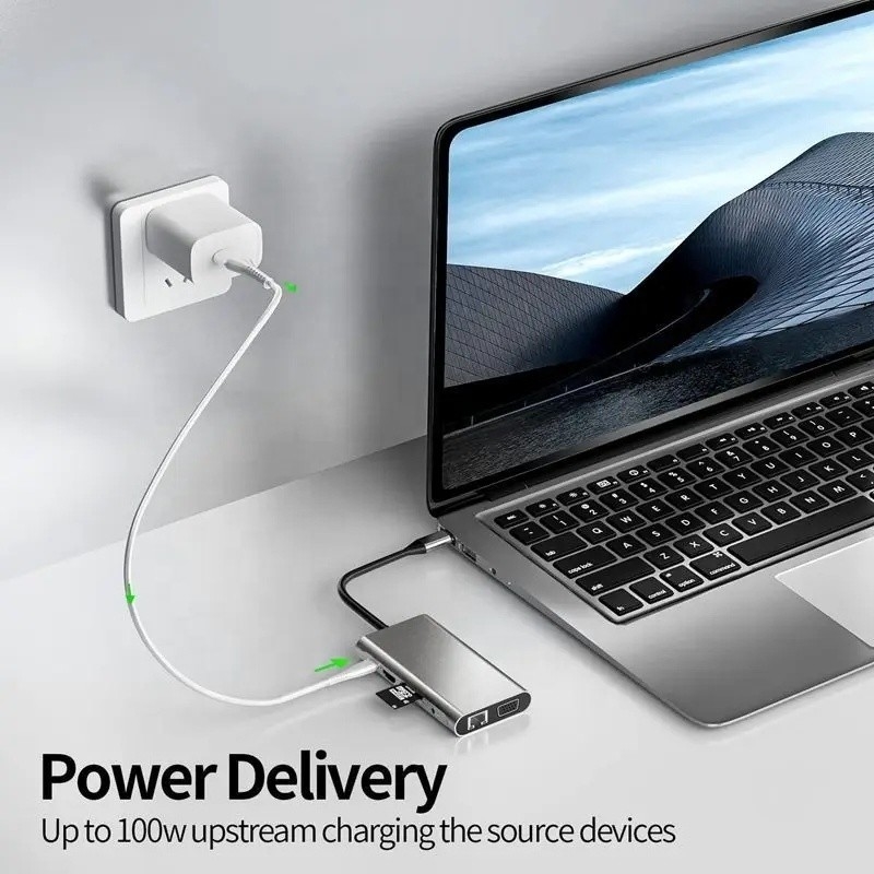 USB C Hub Typ-C auf USB 3.0 HDMI VGA RJ45 Lan SD TF Audio USB Grau Multiport Adapter