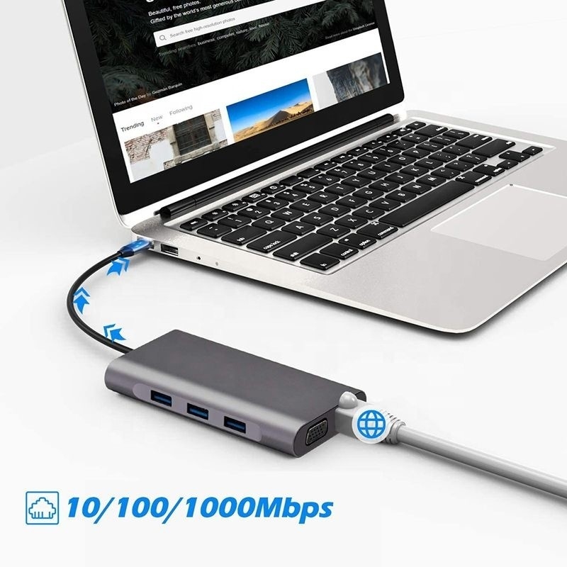 USB C Hub Typ-C auf USB 3.0 HDMI VGA RJ45 Lan SD TF Audio USB Grau Multiport Adapter
