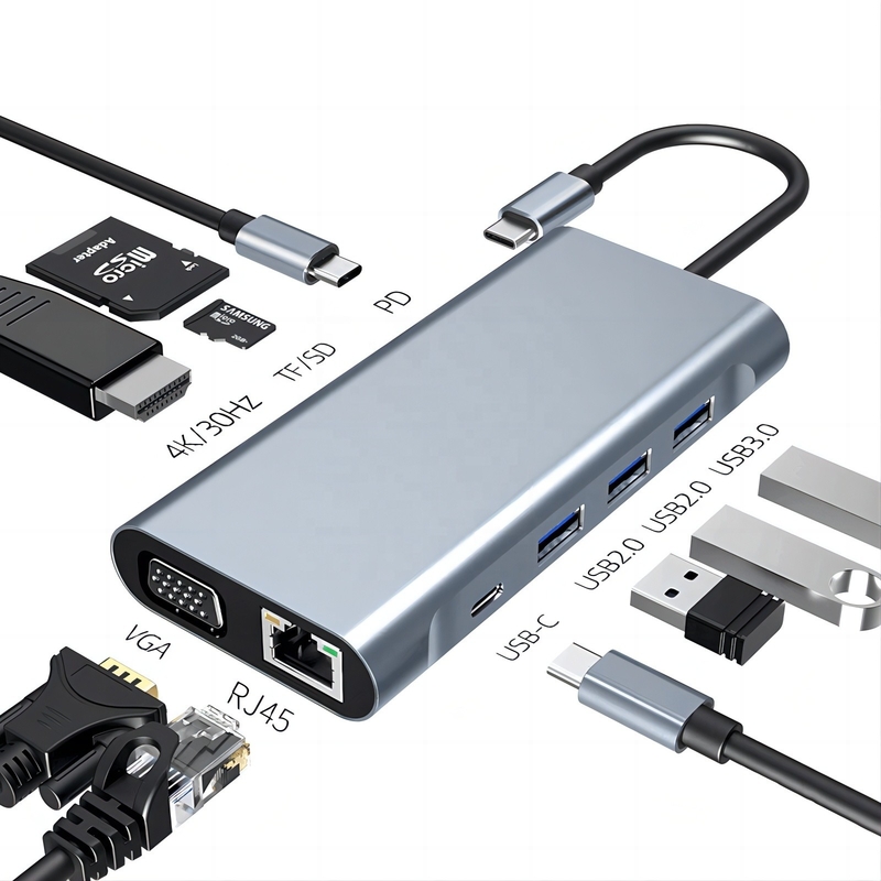 USB C Typ C 10 In 1 Docking Station mit 4K HDTV VGA Lan RJ45 USB3.0 Card Reader PD