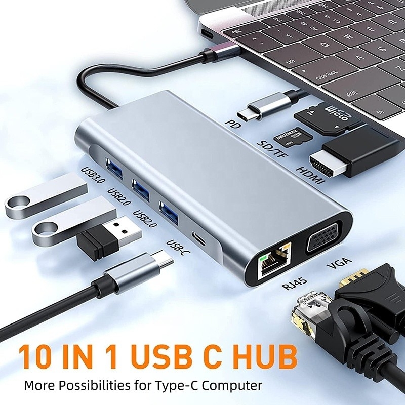 USB C Typ C 10 In 1 Docking Station mit 4K HDTV VGA Lan RJ45 USB3.0 Card Reader PD