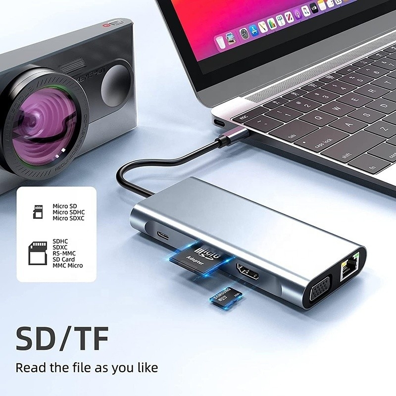 USB C Typ C 10 In 1 Docking Station mit 4K HDTV VGA Lan RJ45 USB3.0 Card Reader PD