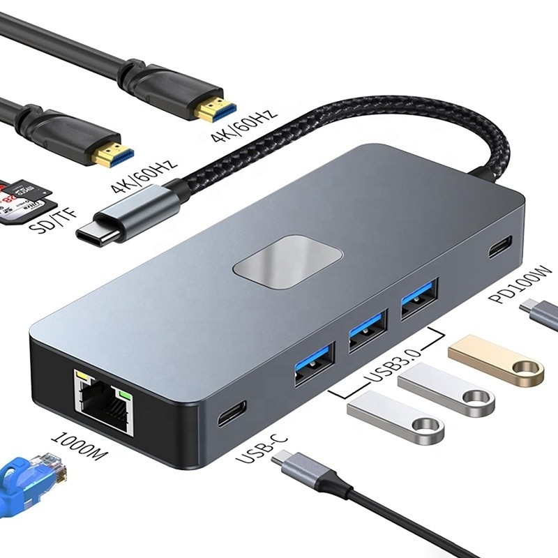 10 in 1 USB C Hub zum Dualen HDMI 4K 60Hz Adapter Dock mit USB 3.0 Ethernet RJ45 1000Mbps