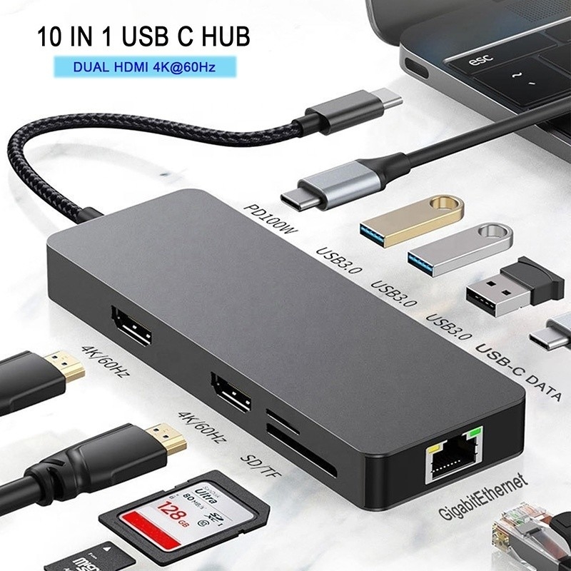 10 in 1 USB C Hub zum Dualen HDMI 4K 60Hz Adapter Dock mit USB 3.0 Ethernet RJ45 1000Mbps