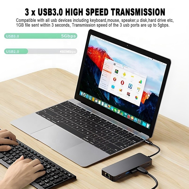 10 in 1 USB C Hub zum Dualen HDMI 4K 60Hz Adapter Dock mit USB 3.0 Ethernet RJ45 1000Mbps