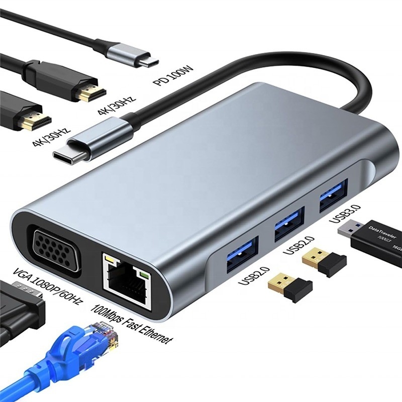Multifunktion 8-in-1 USB-C USB-C Docking Station mit zwei 4K-HDMI- und 2 HDMI-Ports Grau