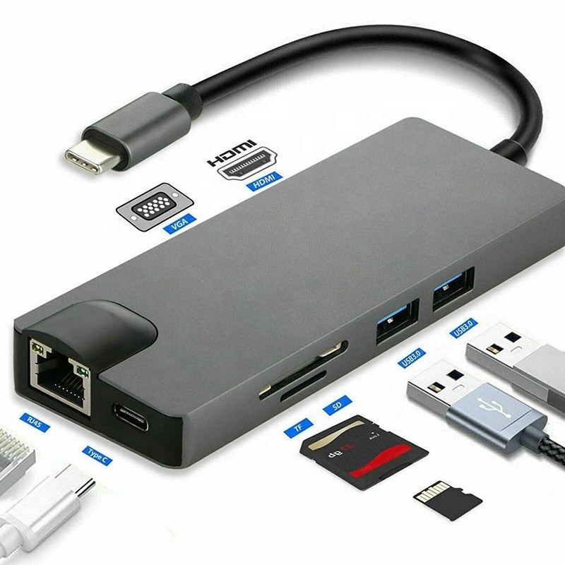 8-in-1-USB C Hub Typ-C Typ C 3.1 bis 4K HDMI HDTV RJ45 Lan Ethernet PD USB3.0 Adapter Hub