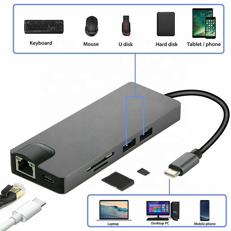 8-in-1-USB C Hub Typ-C Typ C 3.1 bis 4K HDMI HDTV RJ45 Lan Ethernet PD USB3.0 Adapter Hub