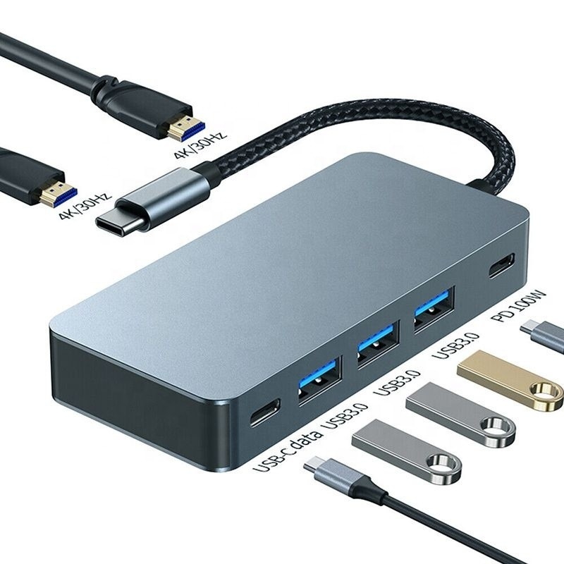 4K 30Hz Dual HDMI USB 3.0 Adapter Docking Station 7 In 1 Multiport USB C Typ C Hub