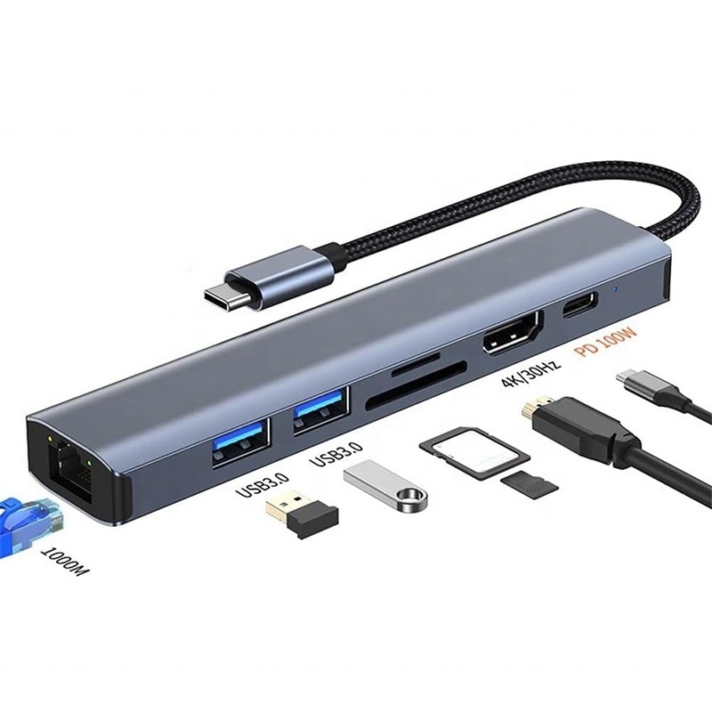 Grauer 7 In 1 USB C Typ C Hub mit 1000M RJ45 Gigabit Ethernet 4K HDMI PD 100W Adapter