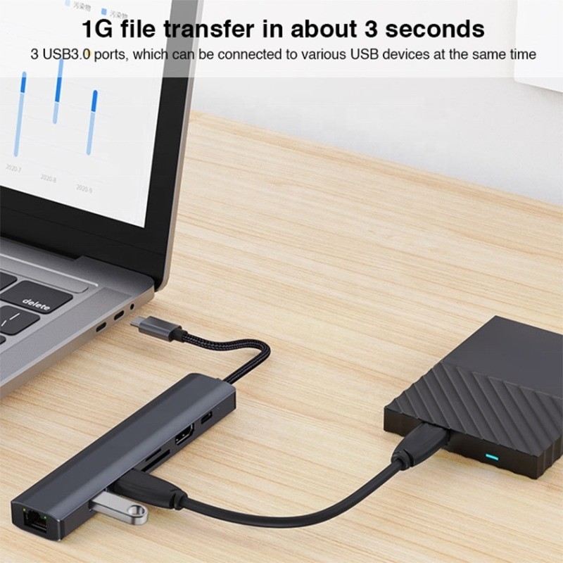 Grauer 7 In 1 USB C Typ C Hub mit 1000M RJ45 Gigabit Ethernet 4K HDMI PD 100W Adapter
