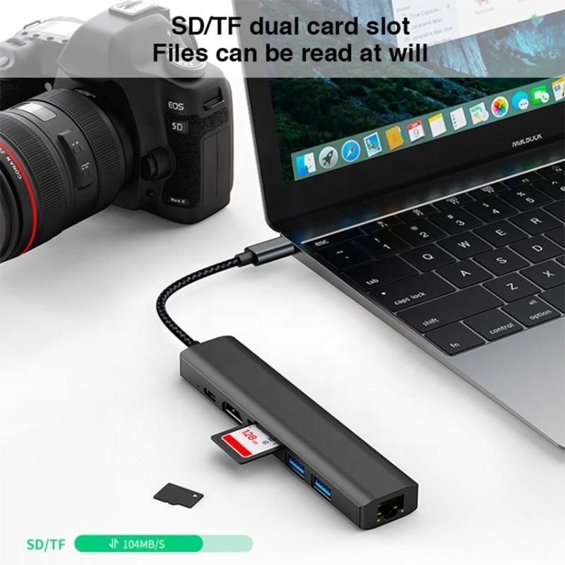 Grauer 7 In 1 USB C Typ C Hub mit 1000M RJ45 Gigabit Ethernet 4K HDMI PD 100W Adapter