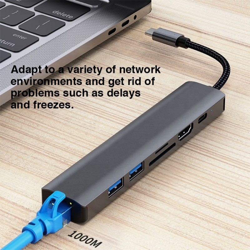 Grauer 7 In 1 USB C Typ C Hub mit 1000M RJ45 Gigabit Ethernet 4K HDMI PD 100W Adapter