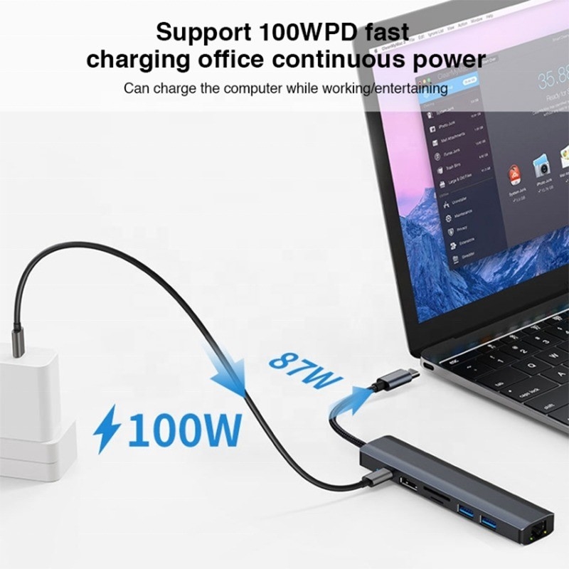 Grauer 7 In 1 USB C Typ C Hub mit 1000M RJ45 Gigabit Ethernet 4K HDMI PD 100W Adapter