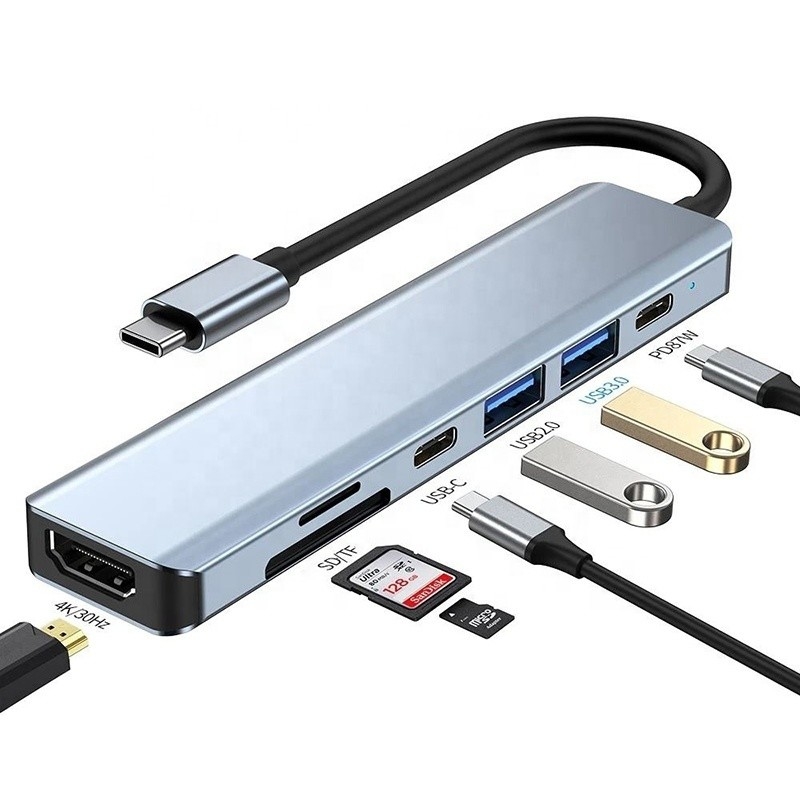 Grauer 7 In 1 USB C zu HDMI Adapter Hub Dock mit 4K HD HDMI PD SD TF SD/TF Kartenleser