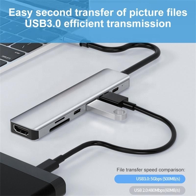 Grauer 7 In 1 USB C zu HDMI Adapter Hub Dock mit 4K HD HDMI PD SD TF SD/TF Kartenleser