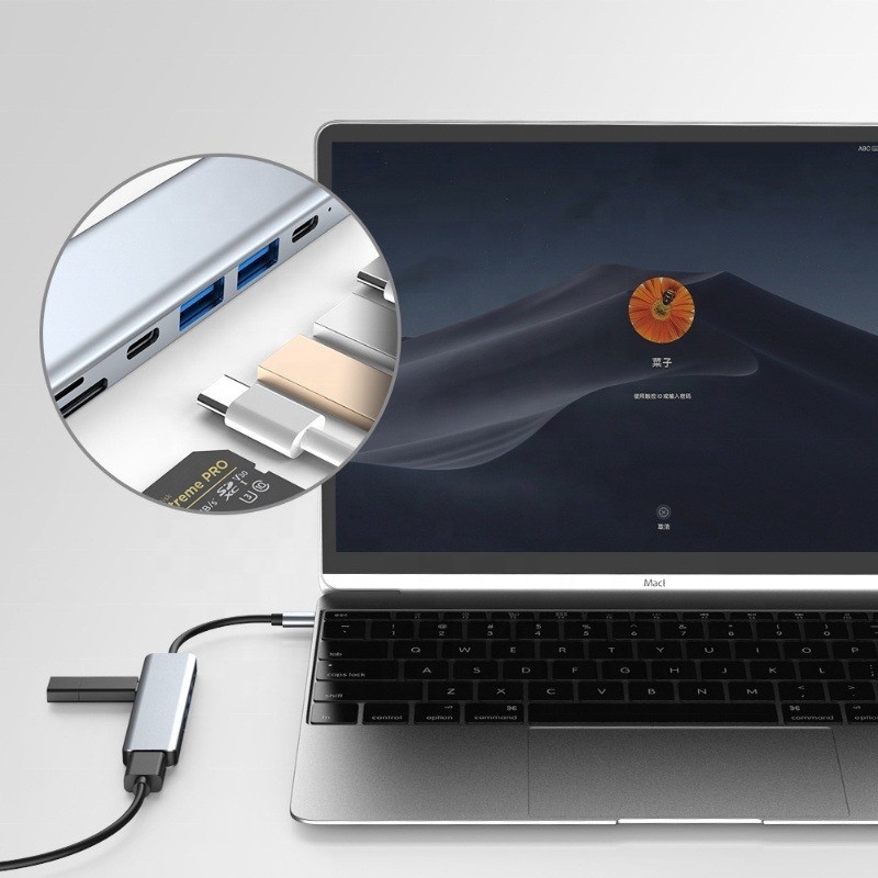 Grauer 7 In 1 USB C zu HDMI Adapter Hub Dock mit 4K HD HDMI PD SD TF SD/TF Kartenleser