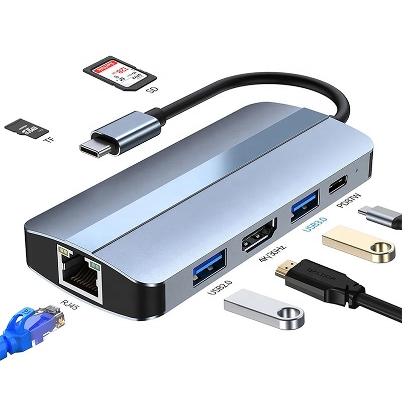 7 in 1 USB C USB-C Hub für Macbook Grau HDMI USB 3.0 USB2.0 RJ45 SD/TF Kartenleser PD Ausgang