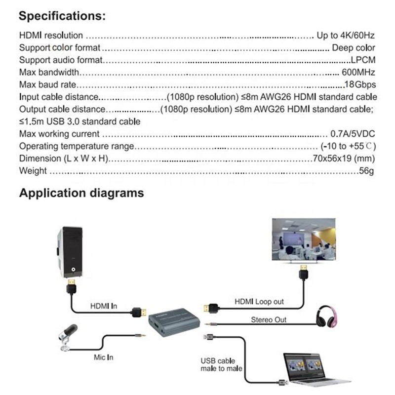 Professionelle 4K 60Hz HDMI zu USB3.0 Video-Aufnahme-Karte mit Audio-Ausgang und USB 3.0